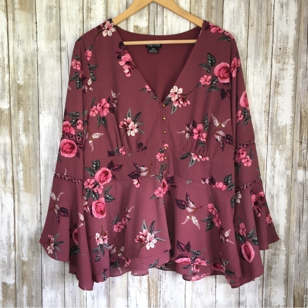 City Chic Floral Crepe Wide Sleeve Blouse - Picture 2 of 6